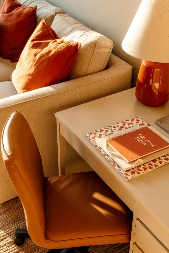 Living room office combo: Clever Ideas You’ll Love 27 Cozy work corner beside a sofa, styled with a white desk, orange leather chair, a warm table lamp, and a stack of floral-patterned notebooks topped with a journal labeled "Creative Flow."