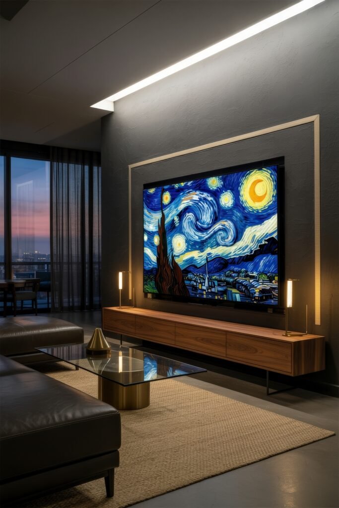 Living Room TV Wall Luxury: Sleek Ideas for a Stylish Setup 27 Dramatic media room with a mounted TV framed by a recessed wood and metal border, displaying Van Gogh’s Starry Night, paired with a long wood console, glass table, and cityscape views through floor-to-ceiling windows.