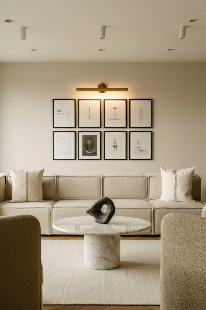Modern Luxury Living Room: Designing a Sleek Luxe Lounge 29 Gallery-style modern luxury living room featuring a long beige sofa beneath a grid of minimalist framed art, round marble pedestal coffee table and soft neutral rug