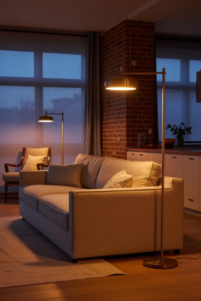 Open kitchen and living room: Smart Tips for Seamless Flow 27 Evening-lit open kitchen and living room with a beige sofa, brass floor lamps, and exposed brick walls under soft twilight filtering through the windows.