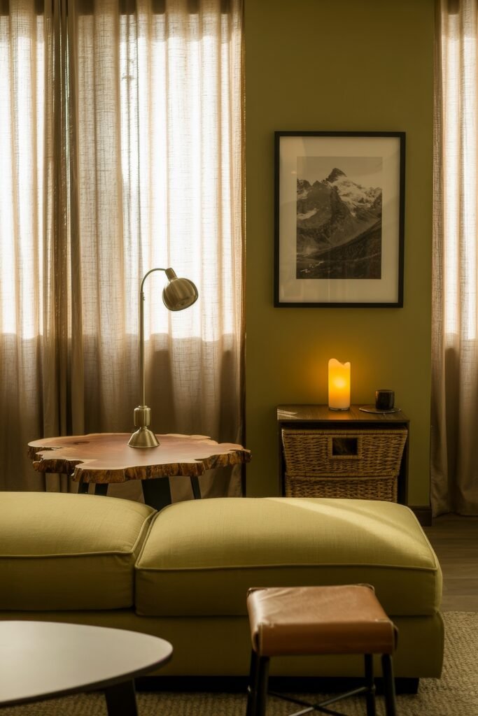 Rustic Luxury Living Room: Warm and Unique Living Area Themes 28 Relaxed, earthy lounge with a green sectional, leather stool, live-edge wood side table, and soft lighting, accented by framed mountain photography and woven textures.