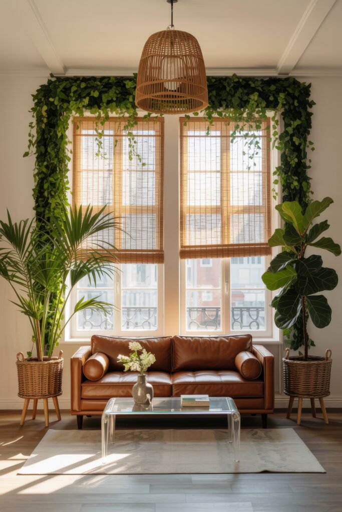 Brown Couch Living Room Ideas: Cozy and Chic Decor Inspiration 29 Warm and inviting brown leather sofa with cylindrical pillows, surrounded by lush potted plants, rattan accents, and a clear coffee table beneath sunlit windows.