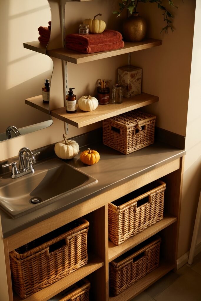Fall Bathroom Decor: Cozy Upgrades for Instant Spa 27 Warm-toned vanity with open shelving, folded red-orange towels, small white pumpkins, amber soap bottles, and a mix of woven and glass containers, exuding cozy fall decor in a softly lit bathroom.
