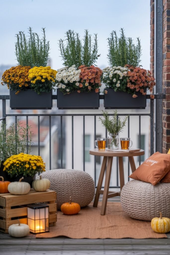Fall Outdoor Decor: 12 Brilliant Touches for Tiny Porches 26 Rooftop balcony decorated with planters of mums and herbs, cozy poufs, a round table with cider mugs, white and orange pumpkins, and a lit lantern for a festive fall setting.