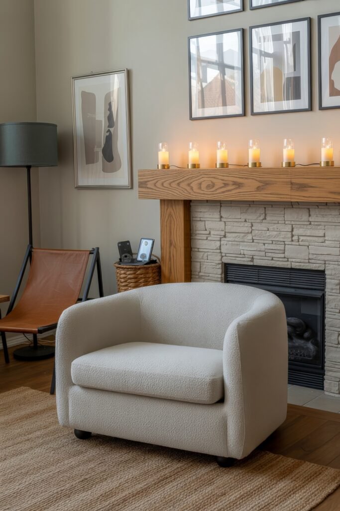 Rustic Luxury Living Room: Warm and Unique Living Area Themes 29 Modern-rustic living room with a white boucle armchair, leather sling chair, and stone fireplace mantel lined with small glowing lamps, under a gallery wall of abstract framed art.