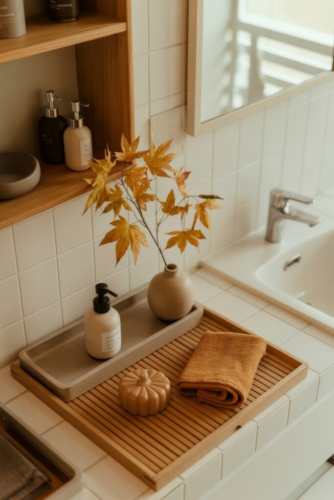 Fall Bathroom Decor: Cozy Upgrades for Instant Spa 28 Neatly arranged bathroom counter with a ceramic tray holding a folded mustard towel, soap dispenser, beige pumpkin decor, and a vase of yellow autumn leaves, all enhancing subtle fall bathroom decor.