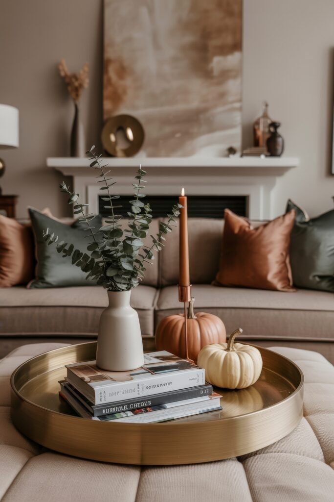 Fall Living Room Decor: Brilliant Ways to Cozy Up 25 Neutral fall living room featuring a taupe sofa, metallic-toned pillows, and a round tray with a eucalyptus bouquet, pumpkins, and books, creating a refined and modern seasonal display.