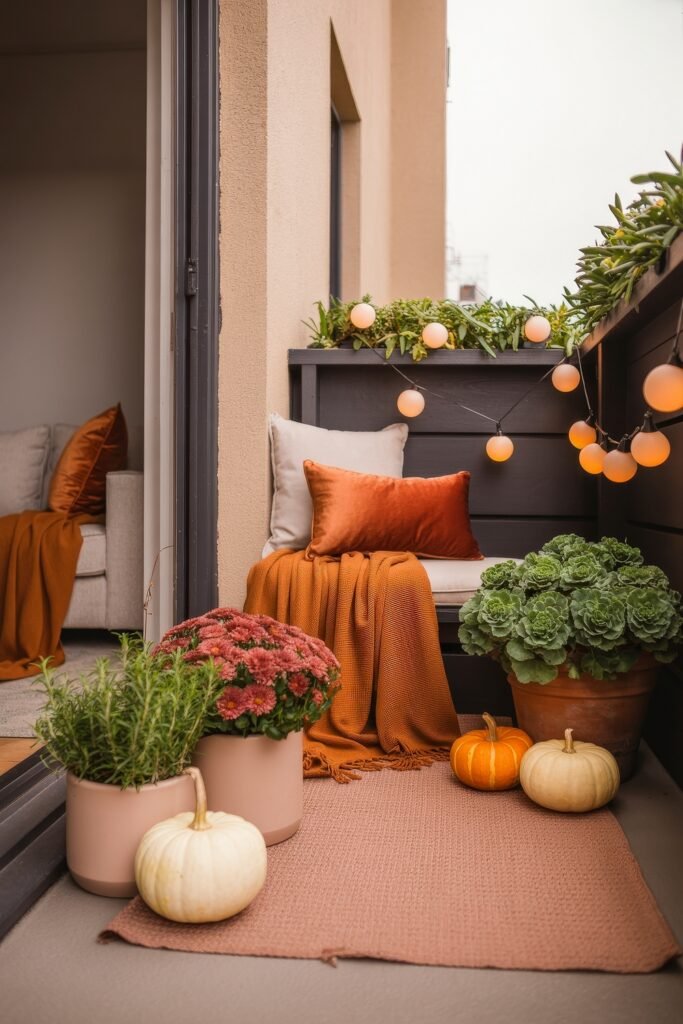 Fall Outdoor Decor: 12 Brilliant Touches for Tiny Porches 27 Narrow balcony styled with orange tones, pumpkins, chrysanthemums, and soft lighting, featuring a bench with plush cushions and an inviting throw blanket for fall comfort.