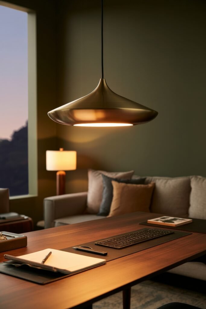 Living room office combo: Clever Ideas You’ll Love 28 Stylish home office space with a large wooden desk, modern pendant light, and neutral-toned sofa in the background, creating a balanced blend of productivity and relaxation.