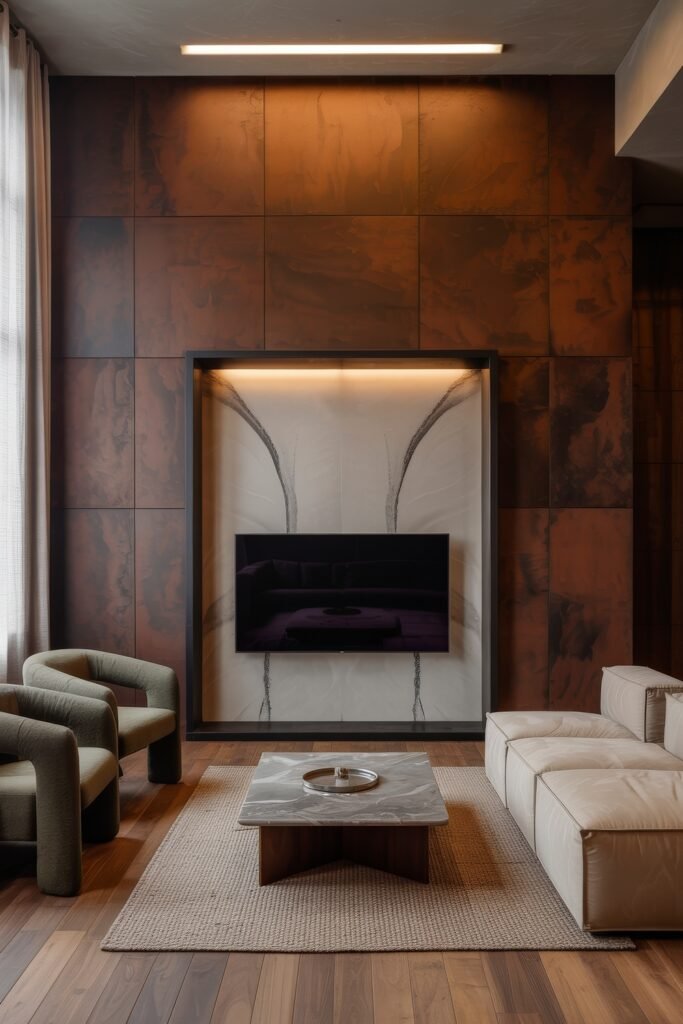 Living Room TV Wall Luxury: Sleek Ideas for a Stylish Setup 28 Refined living area featuring a luxurious accent wall in rust-toned panels with a recessed lighted marble frame around a flat-screen TV, accompanied by modern furniture in earth tones and a low marble table.