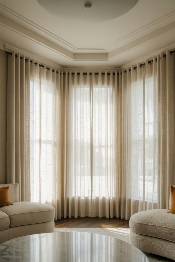 Luxury Ceiling Design in Living Rooms 23 Sunlit sitting area with sheer beige curtains, two boucle-textured sofas, and a reflective marble coffee table, all under a clean-lined recessed ceiling that enhances the soft luxury atmosphere.