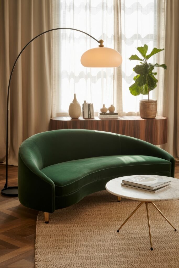 Luxury Sofa Living Room: Furniture for a Luxury Lounge 32 Elegant, sunlit seating area with a curved emerald green velvet sofa, gold-accented legs, and a round marble coffee table, illuminated by a tall arc floor lamp, with ceramic decor and a potted fiddle-leaf fig near softly draped windows.