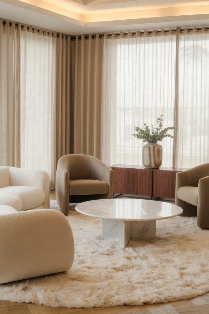 Modern Luxury Living Room: Designing a Sleek Luxe Lounge 30 Cozy conversation area with rounded cream sofas and taupe leather club chairs around a circular white marble coffee table on a fluffy rug, backed by sheer drapes and walnut credenza