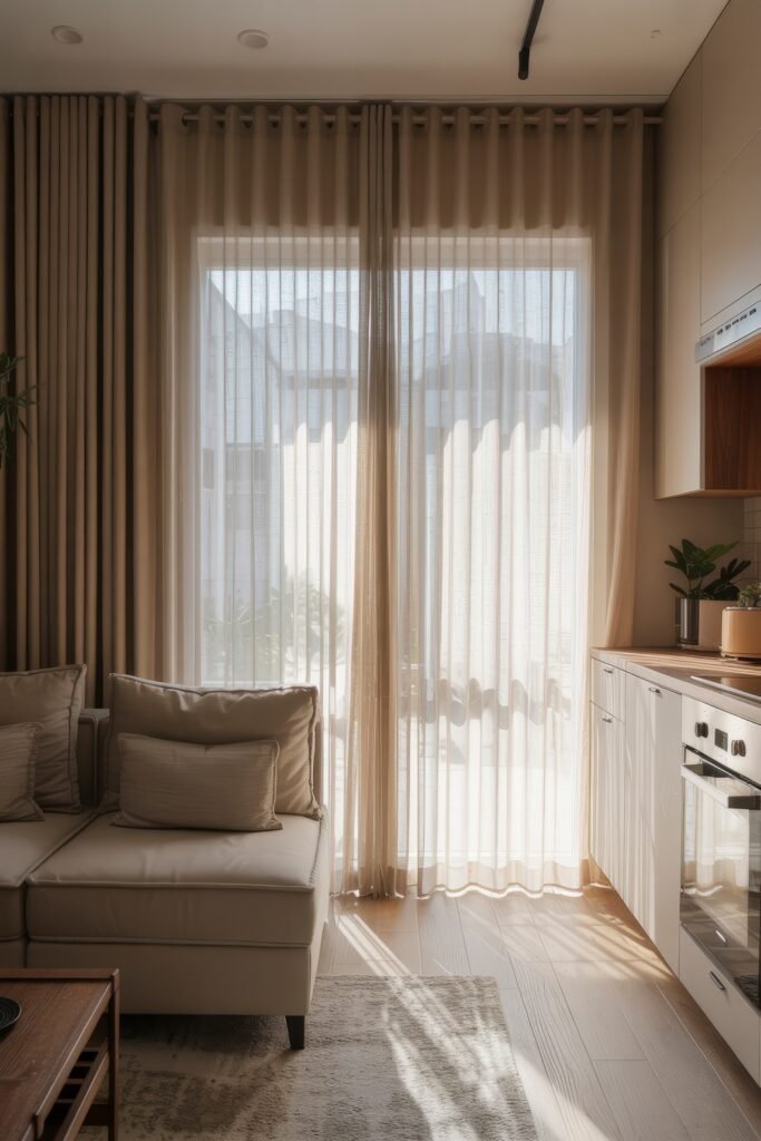 Open kitchen and living room: Smart Tips for Seamless Flow 28 Calm, sun-filled space with sheer beige curtains, a cream sectional, and a compact white kitchen along the right wall in a tidy open concept.