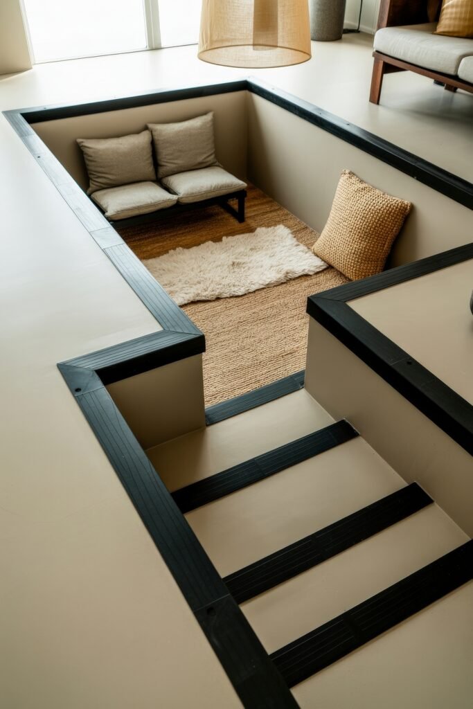 Sunken living room Magic: Cozy Tips for Instant Depth 27 Small sunken seating pit with a low wooden bench, soft cushions, and a combination of jute and shag rugs, accessed by short steps and bathed in natural daylight.