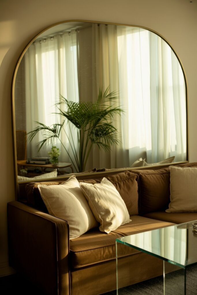 Brown Couch Living Room Ideas: Cozy and Chic Decor Inspiration 31 Cozy brown couch in front of a large arched mirror reflecting sheer curtains and a palm plant, paired with light cushions and a glass coffee table in a warmly lit room.