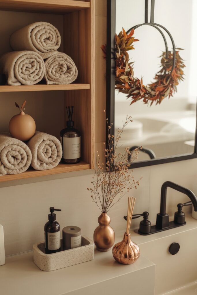 Fall Bathroom Decor: Cozy Upgrades for Instant Spa 29 Bathroom counter with a matte black faucet, decorative copper and ceramic vases, neutral-toned rolled towels, and a reflection of an autumn wreath in the mirror, offering a refined and seasonal fall bathroom decor display.