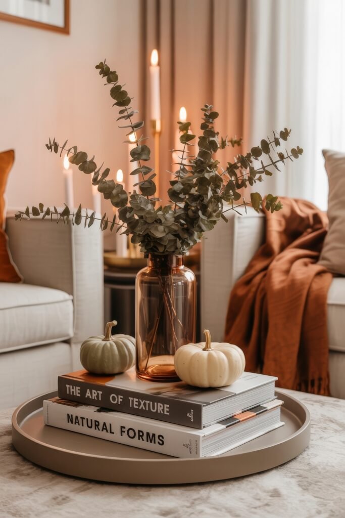 Fall Living Room Decor: Brilliant Ways to Cozy Up 26 Textured fall decor scene with a cozy living room setting, glass vase of eucalyptus, stacked books, white and green pumpkins, and glowing taper candles adding ambiance to the soft-toned seating area.