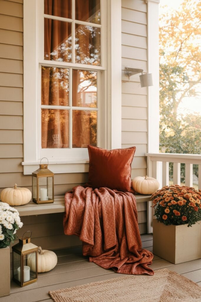 Fall Outdoor Decor: 12 Brilliant Touches for Tiny Porches 28 Porch bench decorated with pumpkins, lanterns, and a rich rust-colored blanket and pillow, surrounded by potted mums and softly glowing lanterns for a warm fall welcome.