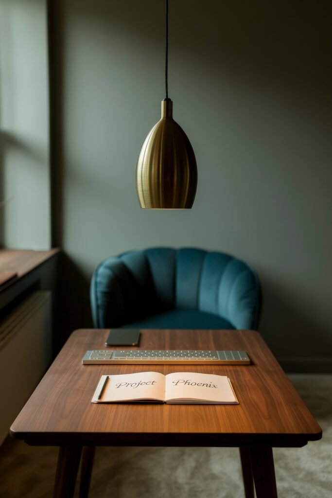 Living room office combo: Clever Ideas You’ll Love 29 Minimalist workspace with a dark wood desk, gold pendant light, blue velvet chair, and an open notebook reading "Project Phoenix," reflecting a focused and refined environment.