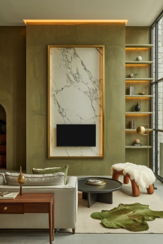 Living Room TV Wall Luxury: Sleek Ideas for a Stylish Setup 29 Unique olive-toned luxury living room with a tall marble-framed TV inset in a gold trim, floating shelves with accent lighting, and mid-century furnishings including a sculptural bench and round coffee table.