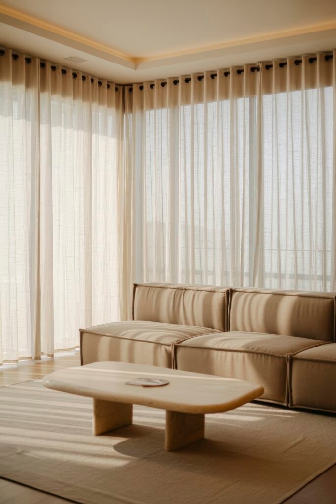 Luxury Ceiling Design in Living Rooms 24 Minimalist living space bathed in warm natural light, featuring a neutral-toned sectional, sculptural stone coffee table, and sheer curtains beneath a softly lit luxury ceiling design living room.