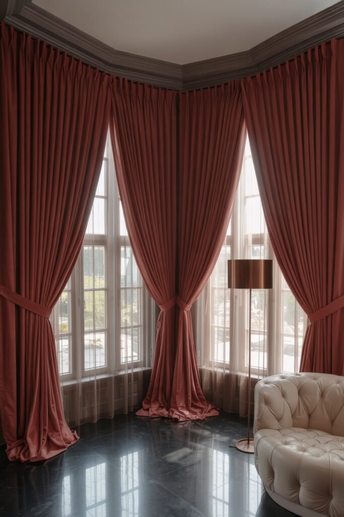 Luxury Curtains Living Room: Luxurious Curtains & Window Treatments 23 Classic luxury space with deep rose velvet curtains and sheer white drapes framing tall corner windows, paired with a tufted cream armchair and a slender floor lamp on glossy black marble floors.