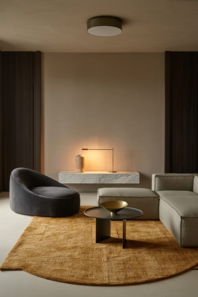 Modern Luxury Living Room: Designing a Sleek Luxe Lounge 31 Sleek modern luxury living room with a charcoal swivel lounge chair, grey modular sofa, black metal coffee table holding a brass bowl, gold-toned round rug and a wall-mounted marble console lit by a minimalist lamp