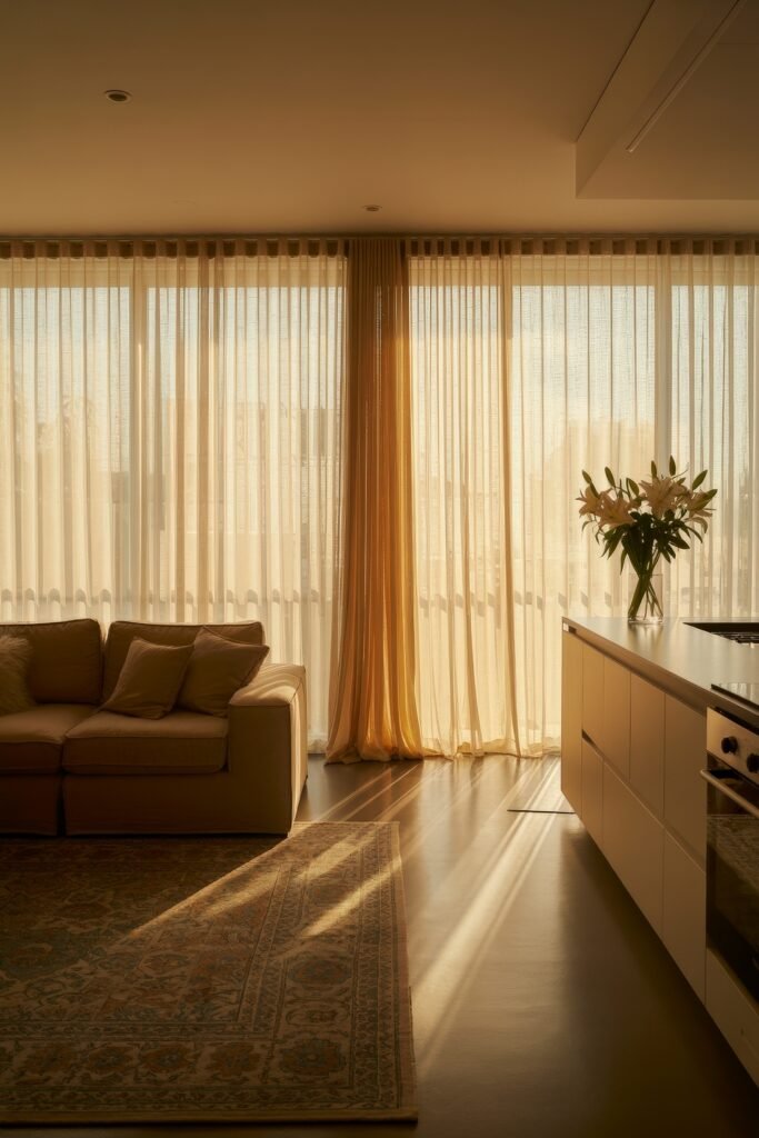 Open kitchen and living room: Smart Tips for Seamless Flow 29 Elegant open kitchen and living room bathed in golden light, featuring long sheer drapes, a tan sofa, and a classic area rug beside a white kitchen counter.