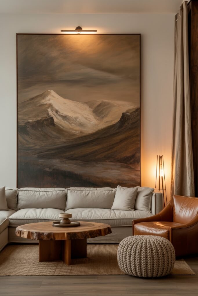 Rustic Luxury Living Room: Warm and Unique Living Area Themes 31 Neutral-toned living room with a giant mountain landscape painting, taupe sectional, leather armchair, knit pouf, and a live-edge wood coffee table, softly lit by a sculptural floor lamp.