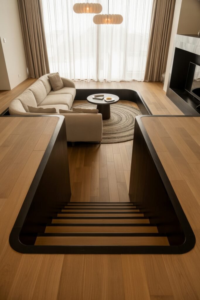 Sunken living room Magic: Cozy Tips for Instant Depth 28 Sophisticated sunken living room design with neutral-toned curved furniture, a round table on a textured rug, and stairs leading down from wood flooring beneath tall drapes.