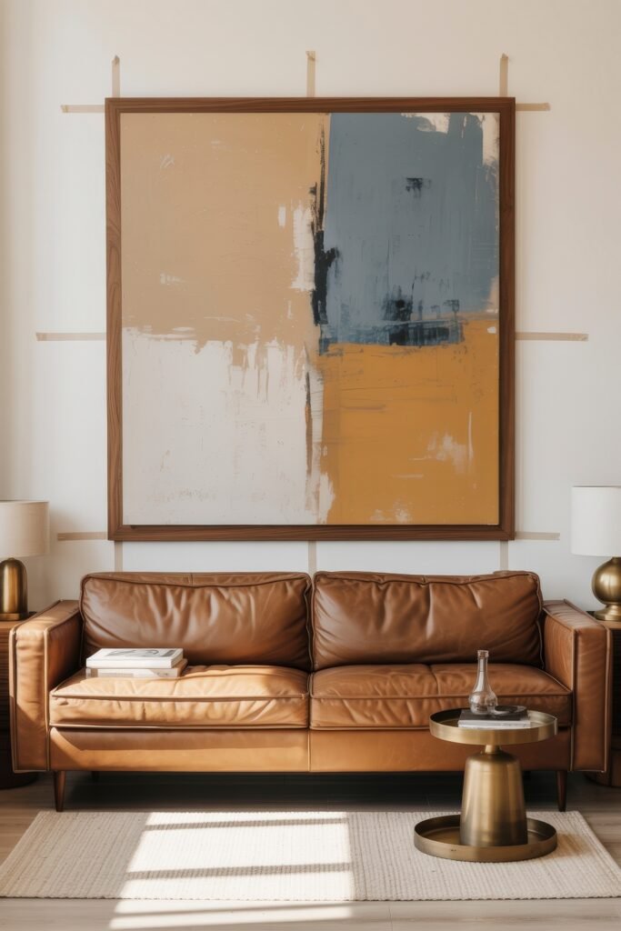 Brown Couch Living Room Ideas: Cozy and Chic Decor Inspiration 32 Mid-century style brown leather couch under a large abstract painting in warm and blue tones, flanked by matching side tables and brass accents on a cream rug.