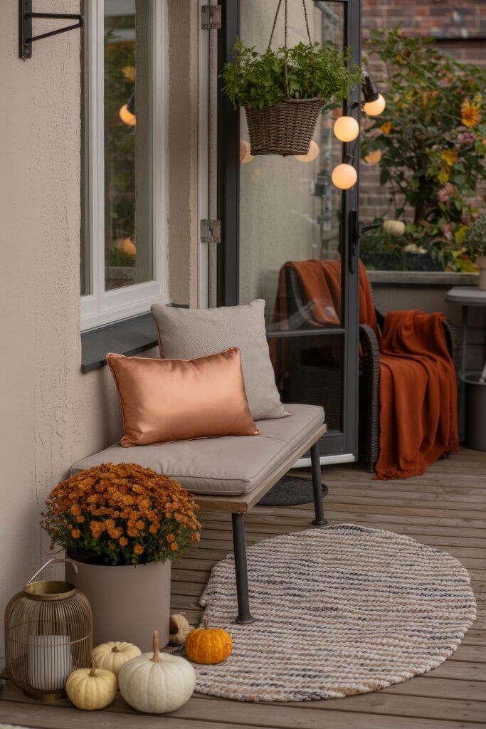 Fall Outdoor Decor: 12 Brilliant Touches for Tiny Porches 29 Cozy balcony corner with neutral-toned seating, a potted mum, pumpkins, and glowing lanterns under a hanging plant, styled for peaceful and modern fall outdoor decor.