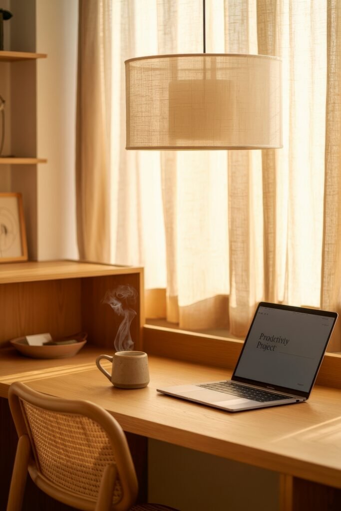 Living room office combo: Clever Ideas You’ll Love 30 Sunlit wooden desk with a rattan chair, a steaming mug, and a laptop open to "Productivity Project," bathed in soft natural light filtered through sheer curtains.