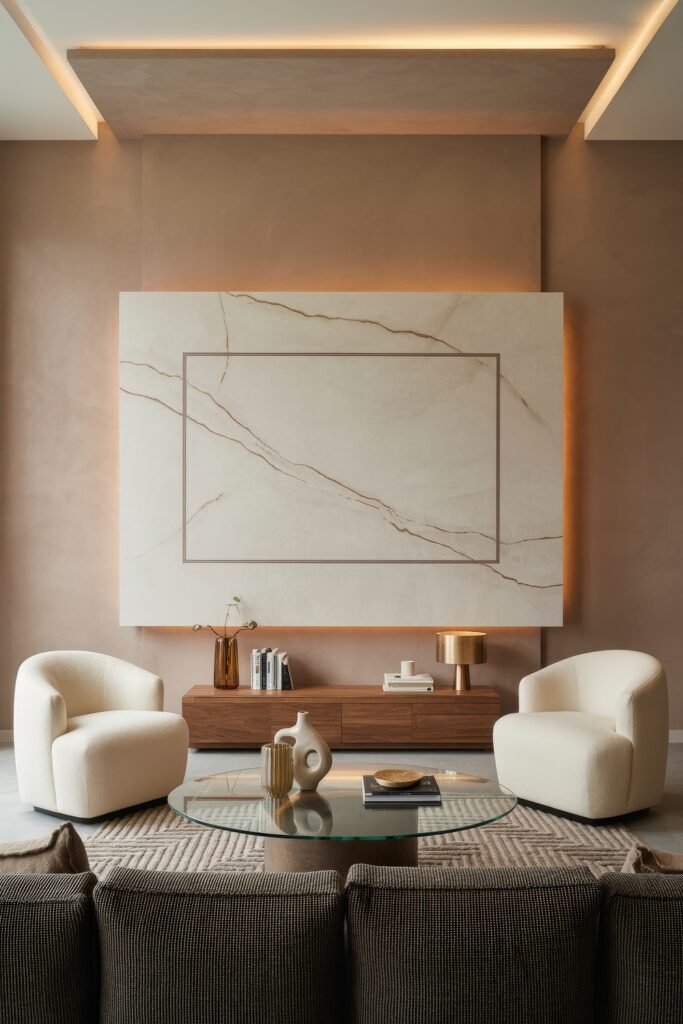 Living Room TV Wall Luxury: Sleek Ideas for a Stylish Setup 30 Minimalist luxury TV wall with an oversized cream marble panel outlined by a subtle rectangular groove and soft backlighting, paired with boucle chairs, a glass coffee table, and a sleek walnut console.