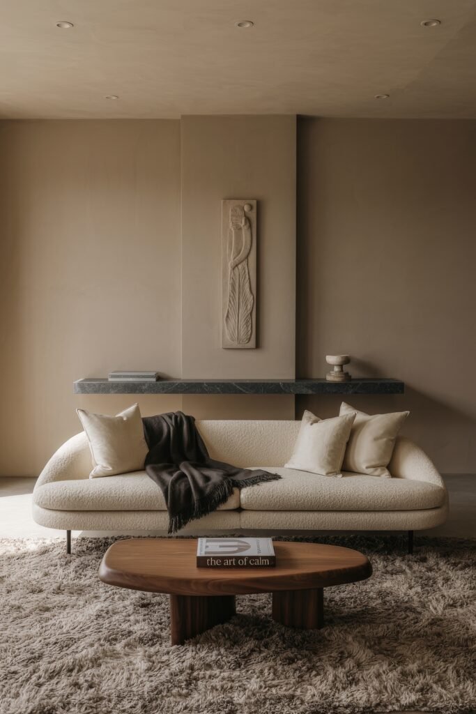 Modern Luxury Living Room: Designing a Sleek Luxe Lounge 32 Cozy luxury living room vignette featuring a cream boucle sofa, shag rug, low walnut coffee table and neutral pillows complemented by a dark throw