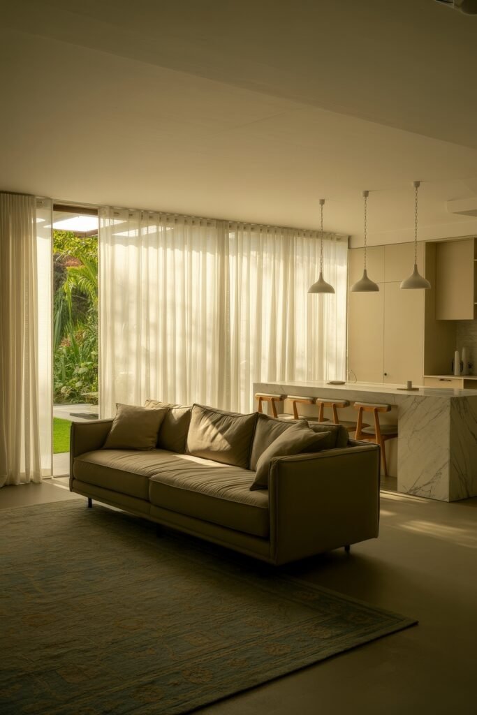 Open kitchen and living room: Smart Tips for Seamless Flow 30 Sophisticated open layout with a taupe sofa, marble kitchen island with pendant lights, and sheer curtains revealing a lush garden view beyond.