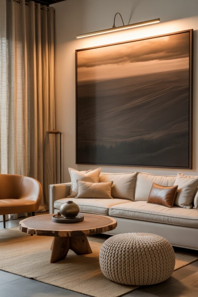 Rustic Luxury Living Room: Warm and Unique Living Area Themes 32 Elegant living space with a warm-toned landscape photo, cream sofa, leather armchair, knit pouf, and round wood coffee table topped with ceramic decor, under picture light illumination.