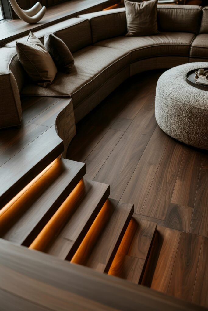 Sunken living room Magic: Cozy Tips for Instant Depth 29 Warm and modern sunken living room layout with brown sectional sofa, tiered wooden stairs with integrated lighting, and a rounded boucle coffee table on dark wood floors.
