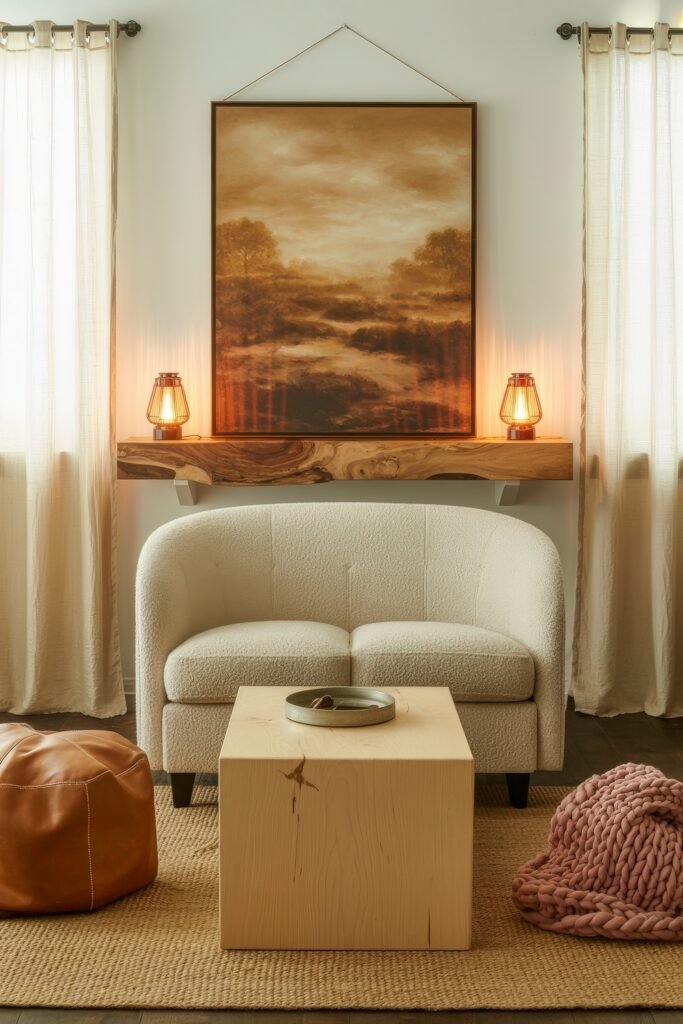 Rustic Luxury Living Room: Warm and Unique Living Area Themes 33 Cozy nook with a boucle loveseat, soft cube coffee table, leather pouf, and pink knit throw, centered under a glowing landscape painting and twin lantern-style lamps.