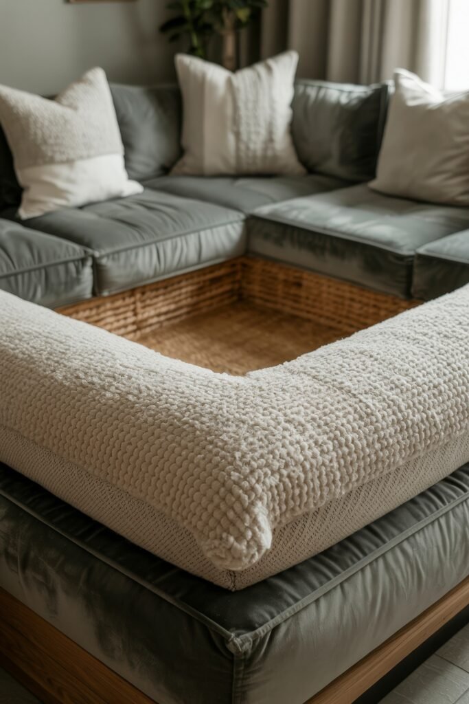 Sunken living room Magic: Cozy Tips for Instant Depth 30 Plush gray velvet sectional surrounding a recessed square pit, with white textured bolster cushions and soft natural light filtering through curtains.