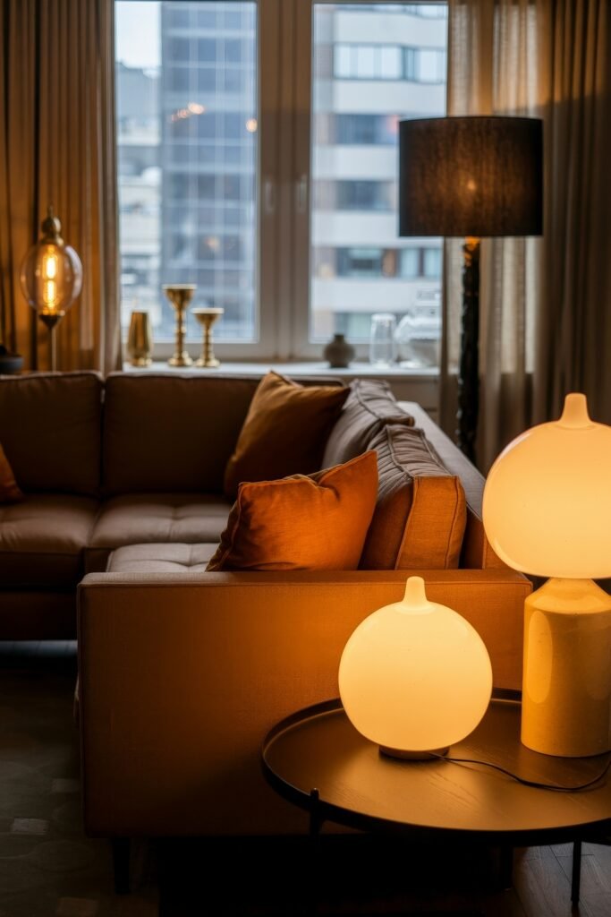 Brown Couch Living Room Ideas: Cozy and Chic Decor Inspiration 33 Urban-chic brown sectional sofa in a softly lit living room, accented by rust-colored pillows, glowing globe lamps, and a city view through the window.