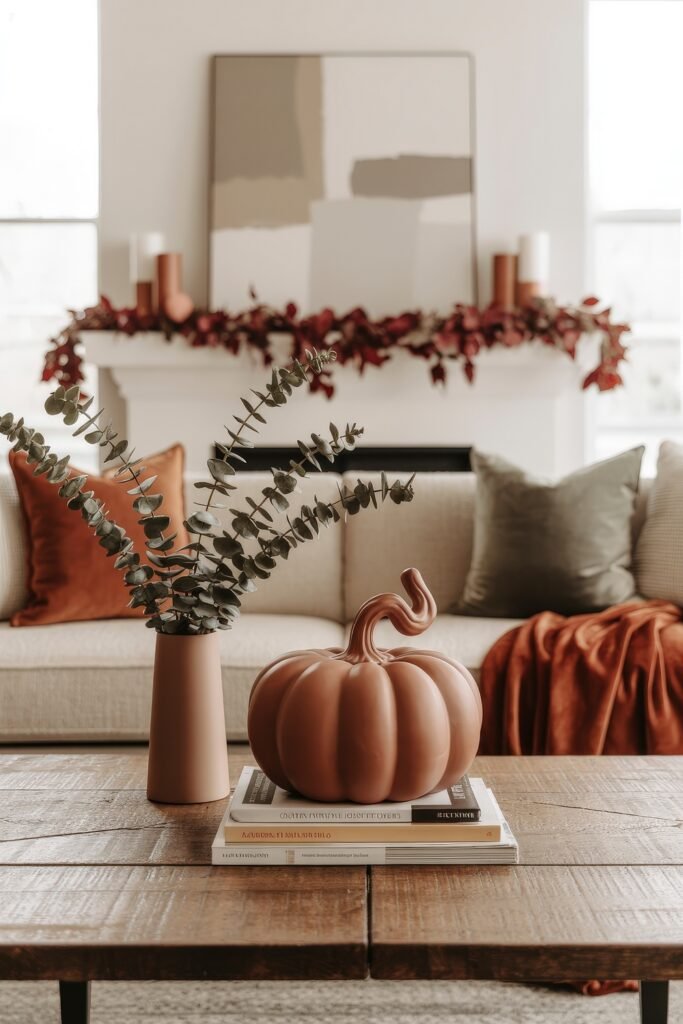 Fall Living Room Decor: Brilliant Ways to Cozy Up 27 Contemporary fall decor with a rustic wood coffee table, matte terracotta pumpkin, eucalyptus in a tall vase, and a cozy cream couch in front of a mantel draped in red leaves and topped with candles.