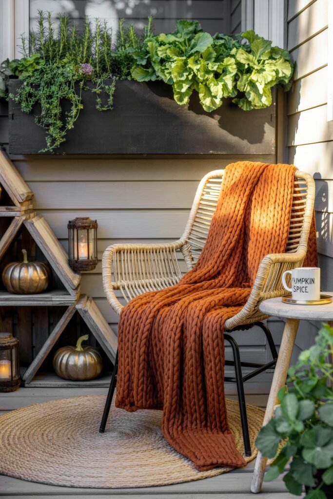 Fall Outdoor Decor: 12 Brilliant Touches for Tiny Porches 30 Earthy balcony with a rattan chair draped in a chunky orange throw, metallic pumpkins, lanterns, and a mug of pumpkin spice latte beside herb-filled planters for a cozy seasonal vibe.