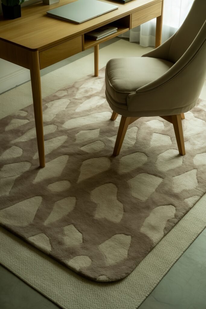 Living room office combo: Clever Ideas You’ll Love 31 Minimal home workspace with a curved beige chair and wood desk placed over a plush area rug featuring abstract beige and taupe shapes, adding softness to the setup.