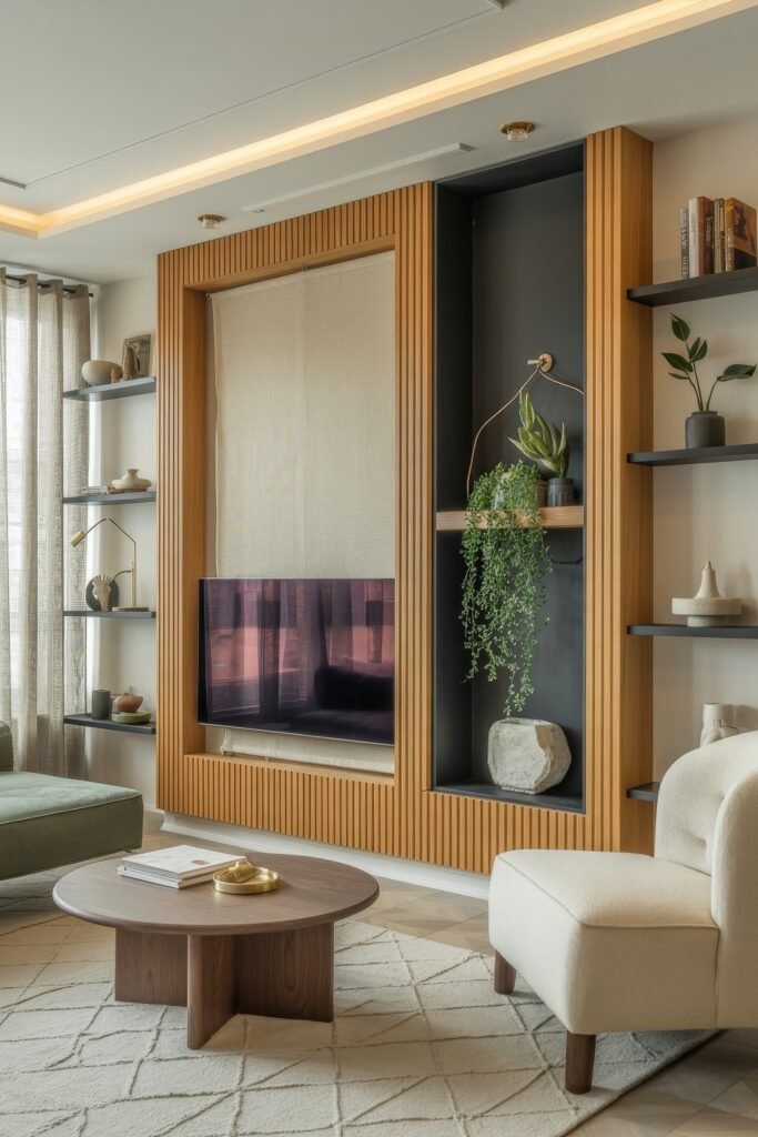 Living Room TV Wall Luxury: Sleek Ideas for a Stylish Setup 31 Contemporary living room with a hidden TV behind a neutral fabric panel, set within a warm wood slat frame and flanked by black shelving with sculptural decor and hanging greenery, creating a refined luxury living room atmosphere.
