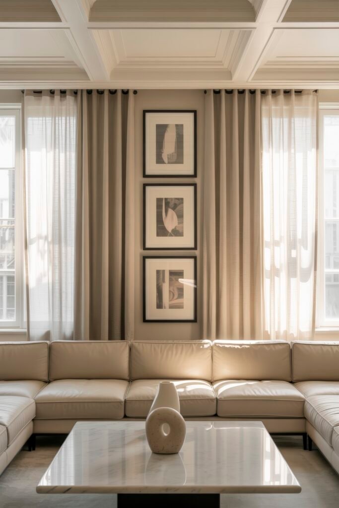 Luxury Ceiling Design in Living Rooms 25 Elegant neutral-toned living room with a coffered ceiling, beige sectional sofa, marble coffee table, and vertical art trio framed between tall windows for a serene luxury living room setting.