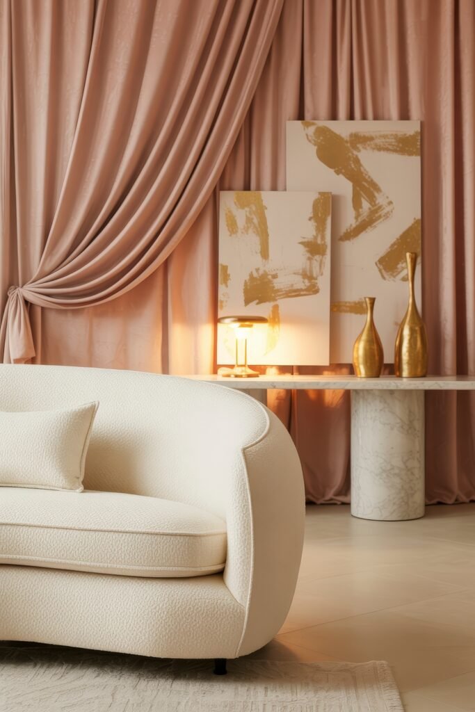 Luxury Curtains Living Room: Luxurious Curtains & Window Treatments 24 Soft-toned room with blush pink drapes and abstract gold-accented artwork, complemented by a curved cream sofa and a marble console with golden vases and a soft-glow lamp.
