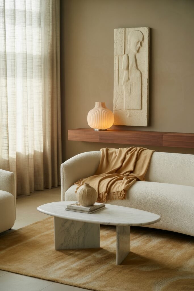 Modern Luxury Living Room: Designing a Sleek Luxe Lounge 33 Softly lit luxury living room scene with a white boucle sofa, camel throw, oval marble coffee table, ribbed ceramic lamp on a floating walnut ledge and textured wall relief beside sheer curtains