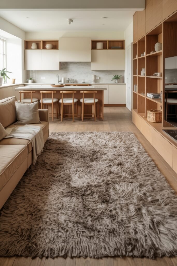 Open kitchen and living room: Smart Tips for Seamless Flow 31 Modern open kitchen and living room with a soft beige sectional, minimalist cabinetry, and a large, shaggy gray rug covering light wood flooring.